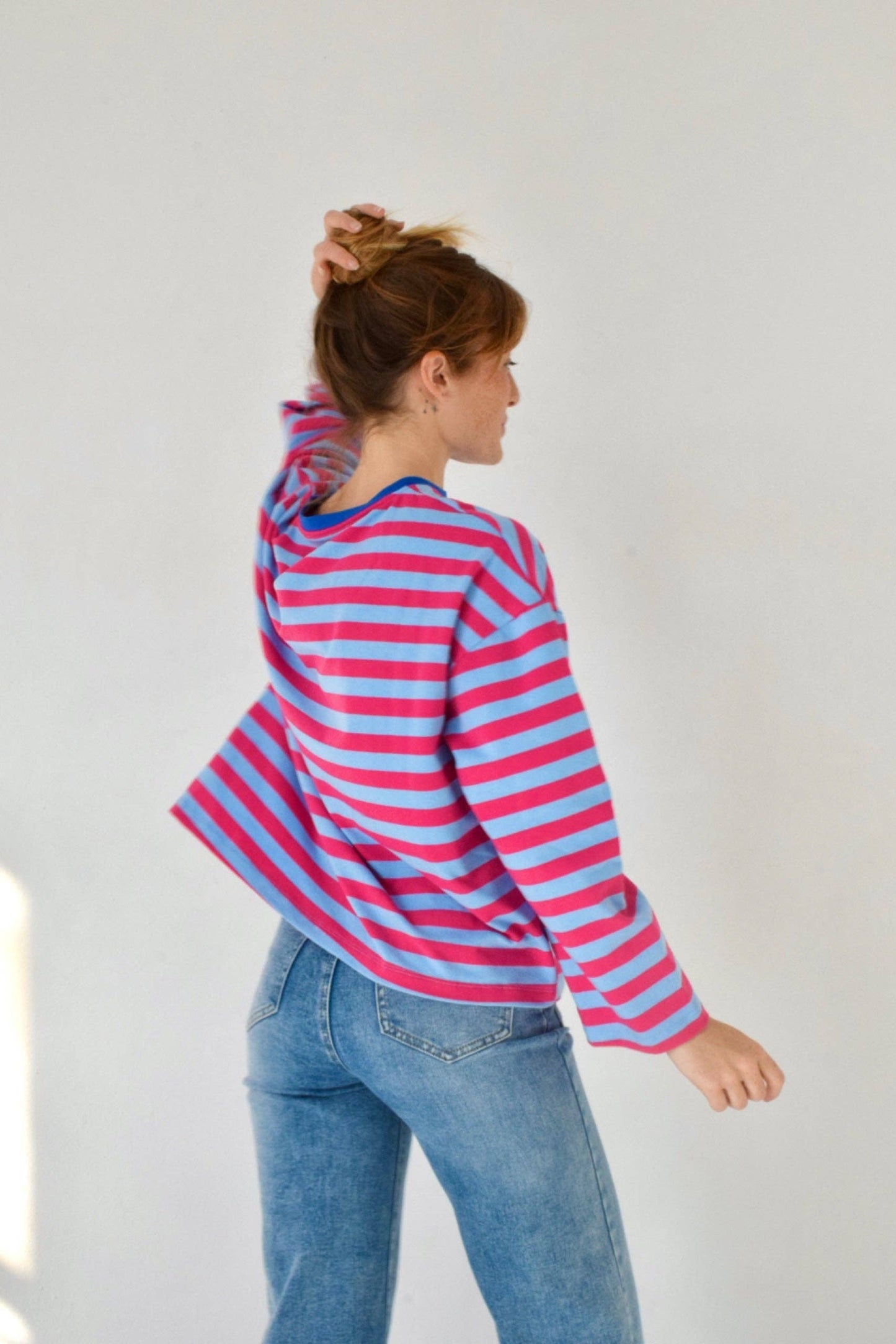 Camiseta Núria celeste e fúcsia: L
